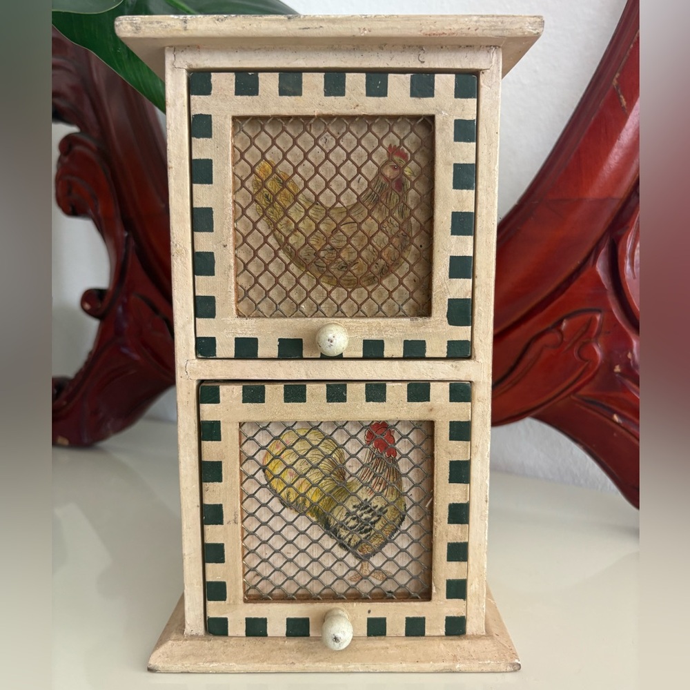 Vintage Farmhouse Two-Drawer Decorative Cabinet with Rooster and Hen Painting